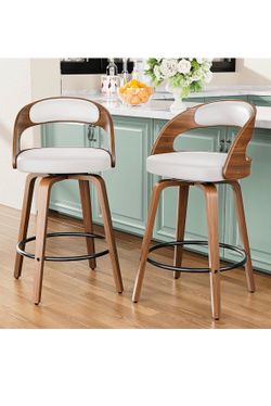 Bar Stools Set of 2, 26" Bentwood Counter Height Barstools, White Swivel, Mid-Century Modern, Faux Leather, Ergonomic Backrest, Padded Seat, Bentwood 