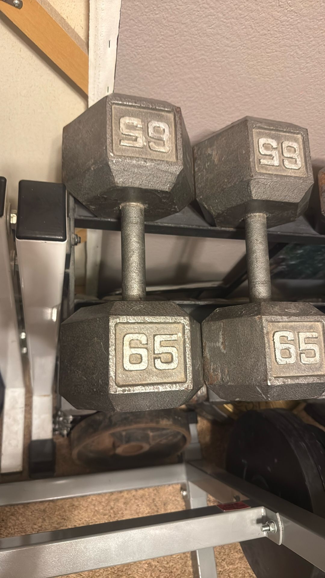 65 Pound Pair Hex Iron Dumbbells
