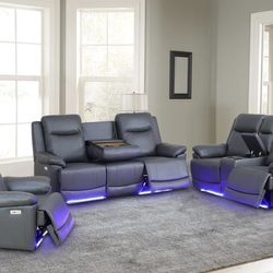 Power Electric Gray Leather Fully Reclining Couch Set