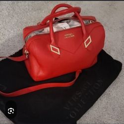 $400  👛 VERSACE Collection Satchel in red pebbled leather.