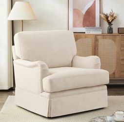 32 in. W Warm Linen Color Fabric 360° Swivel Accent Chair Modern Upholstered Armchair Metal Base Barrel Sofa Chair