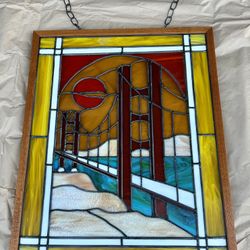 Framed Stained Glass Panel – Bridge & Sunset Scene (Golden Gate Inspired)