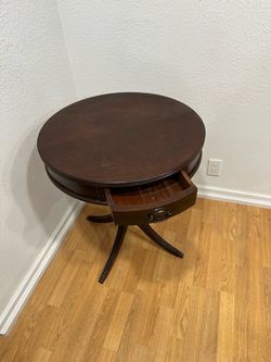 Dark Wood Round Pedestal End Table with Small Storage Drawer