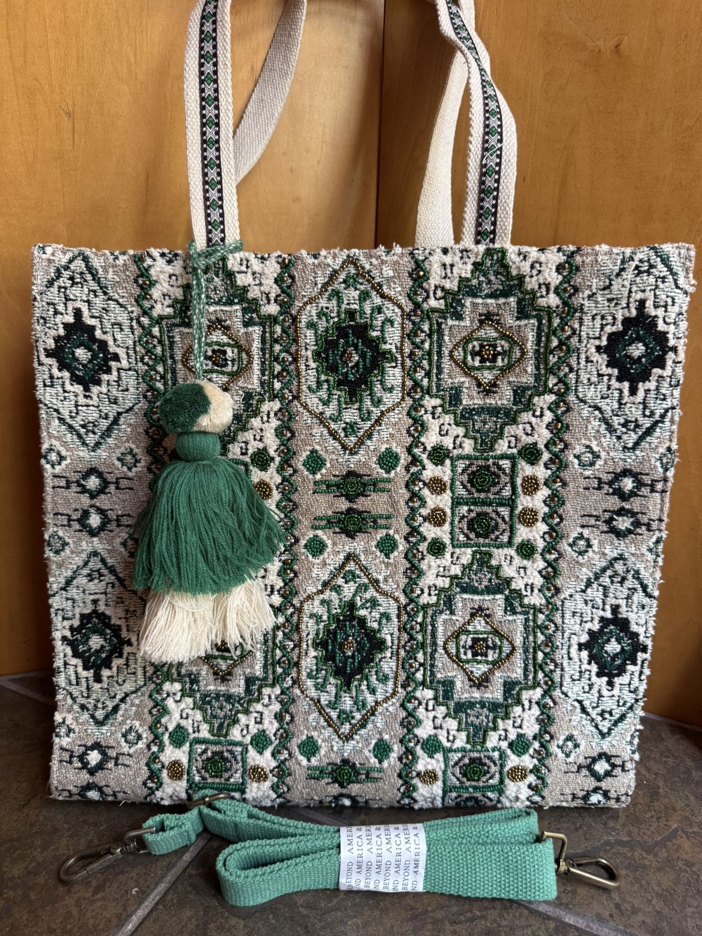 AMERICA & BEYOND Beaded Tote Bag Purse Jacquard Crossbody Strap Green Boho