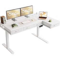 55 Inch L Shaped Electric Standing Desk with Drawers, Height Adjustable Large Desk with Power Outlets, Sit Stand Table, Writing Computer Desk for Home