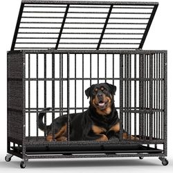 48In Heavy Duty Dog Crate, Indestructible Escape-Proof Kennel for Large Dogs, XL Dog Crates, Double Door, with Removable Tray and Wheels, Ideal for Hi