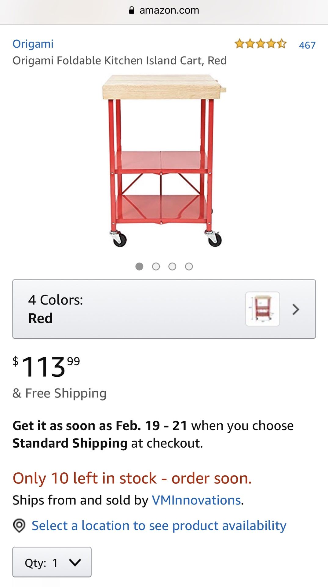 New Origami Foldable Kitchen Island Cart, Red rbt-06