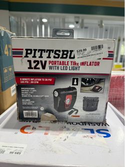 Pittsburgh 12V Portable Tire Inflator with LED Light (Item 70622). It is a lightweight, low-volume air compressor optimized for handling roadside emer