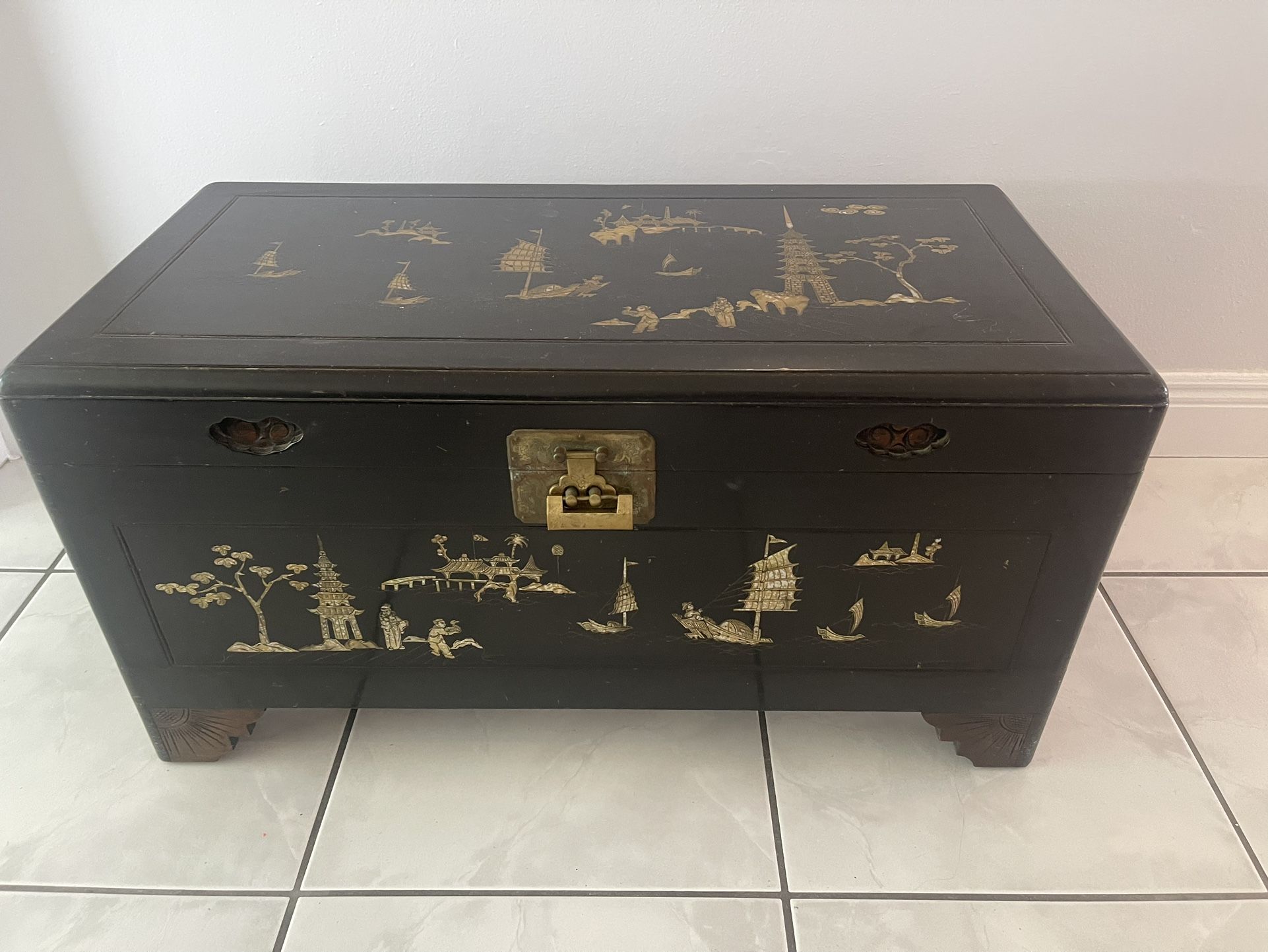 Antique Early 20th Century Chinese Carved Camphor Wood Chest