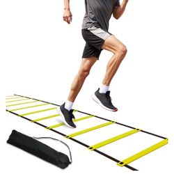TKO 17"x15' Agility Training Ladder 11 Flat-Rung, Yellow/Black with Chrome Stakes & Carry Bag