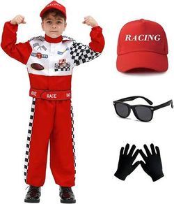 LIKE NEW Size 4T-5T Race Car Driver Costume Boys Racing Suit with Car Cap Sunglasses Kids Racer Dress Up for Halloween