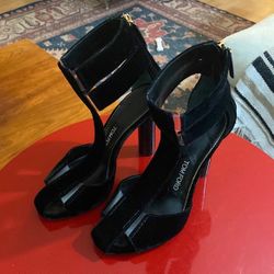 Tom Ford Black PVC-Trimmed Velvet & Leather T-Bar Sandals — Size 38/US 7.5 in Like-New Condition