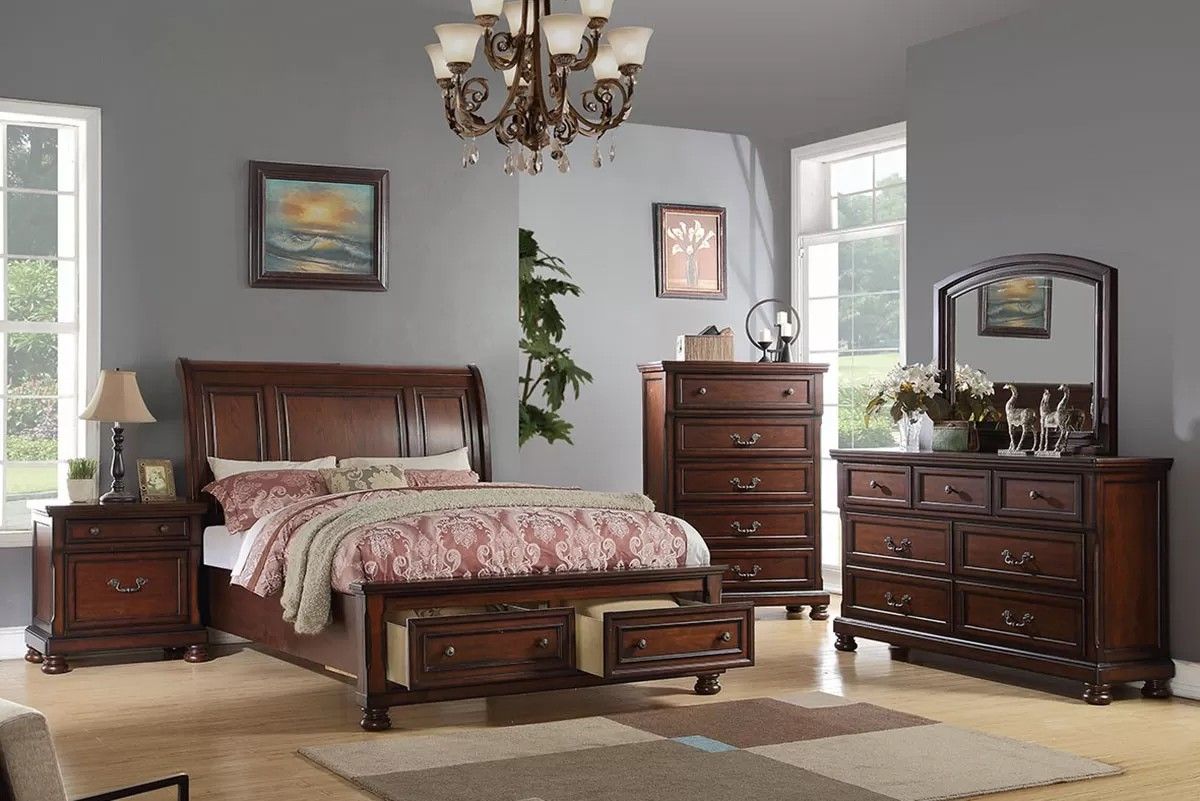 Brand New Cherry 4pc Queen Bedroom (Available In California & Eastern King)