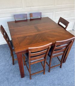 7-PC LARGE, BROWN FINISH, HIGH TOP FORMAL DINING SET (TABLE WITH LEAF AND 6 PADDED CHAIRS)