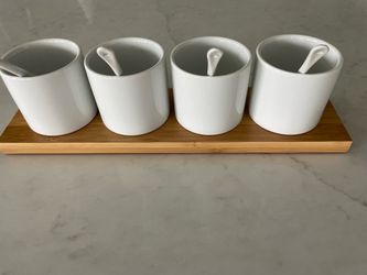 4-Piece White Ceramic Condiment Set with Bamboo Tray