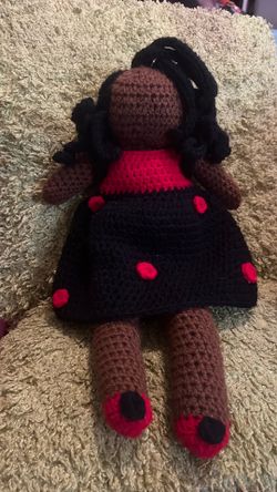 16” Crochet Baby Doll, faceless, brown, red, black, braids, dress, shoes
