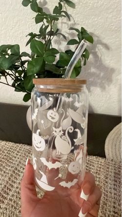 Halloween Glass Can Cup with Bamboo Lid and Straw✨new✨