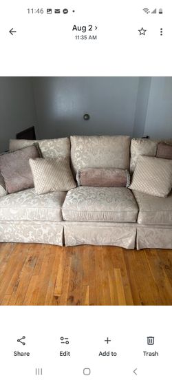 Beige Brocade Couch and Love Seat