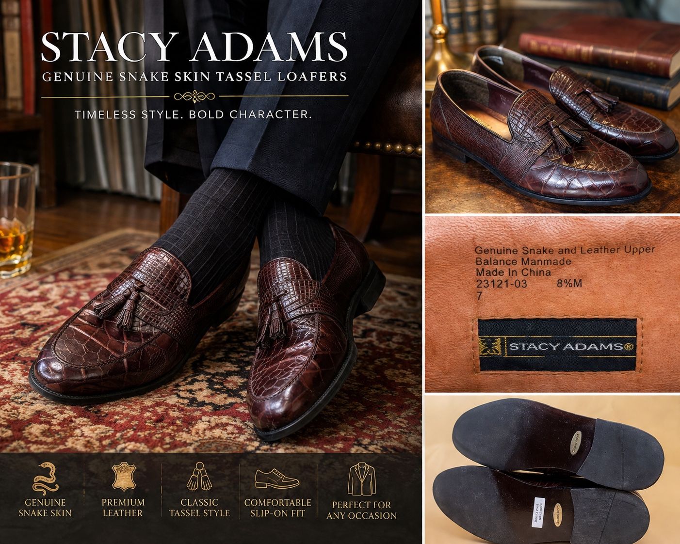 Stacy Adams Loafers 8.5M Brown Exotic Leather Genuine Snake Skin Tassel Dress