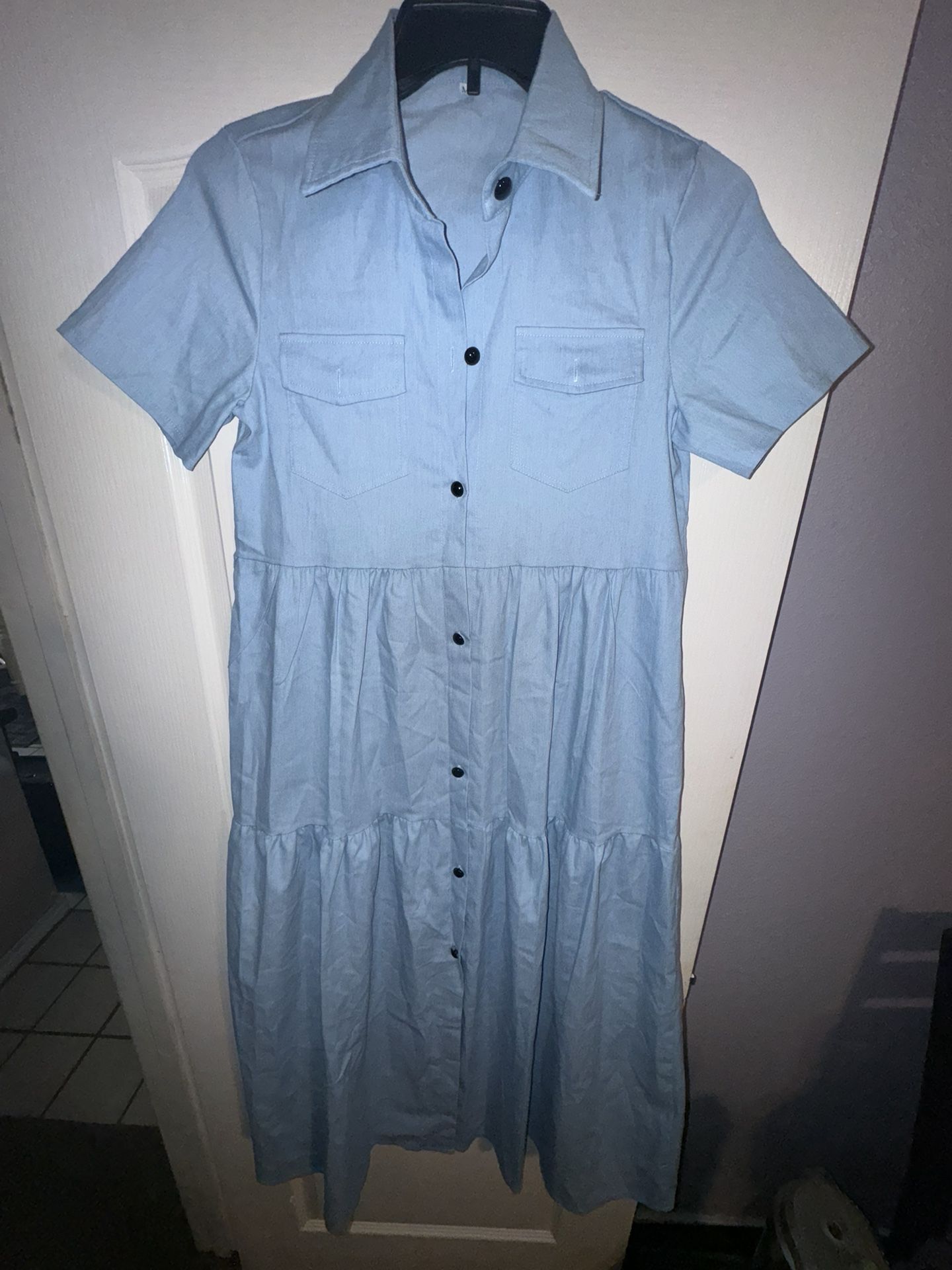 Brand  New Size (Medium) Light Blue Button Up Pocket Dress 