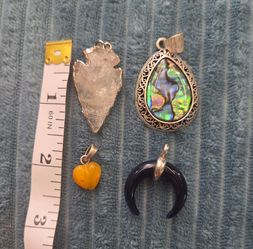 Lot of 4 Pendants – Abalone, Quartz Arrowhead, Amber, Faux Onyx Moon