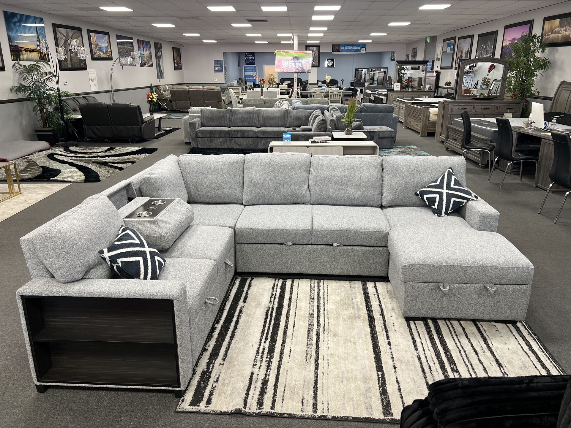 Gray Sofa Sectional w/ Sleeper & Storage & Dropdown Cup holders