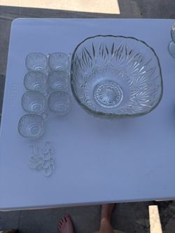 Hazel-Atlas Williamsport Clear Square 8 Piece Punch Bowl Set Vintage
