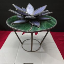 Vintage Stained Glass Purple Lotus Flower On Lilly With Stand Decor