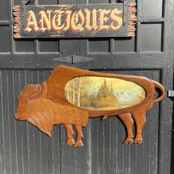 Antique Hand Carved Bison Buffalo Sculpture Painting 