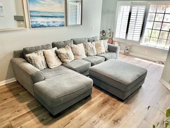 Spacious Bluish-Grey Sectional Couch with Chaise + Matching Ottoman