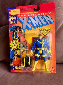1993 Toy Biz "The Uncanny X-Men" Cyclops action figure, featuring a "Light-Up Optic Blast" visor and a Cerebro backpack computer