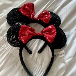 Authentic Disney Ears Headband, Minnie Mouse Sequin Red Bow For Girls/Adult