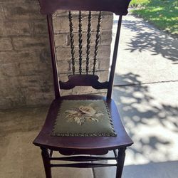 Antique Needle Point Chair With Green Cushion 