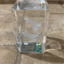 3D Laser Etched Glass Crystal Cube DOLPHINS Palm Trees Paperweight