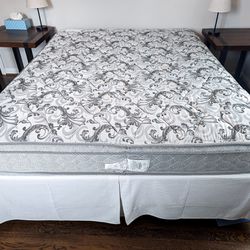 Queen size mattress with box spring, frame, and bedskirt