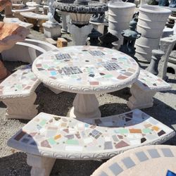 Concrete Mosaic Picnic Table with 3 Benches/ Outdoor Patio Furniture
