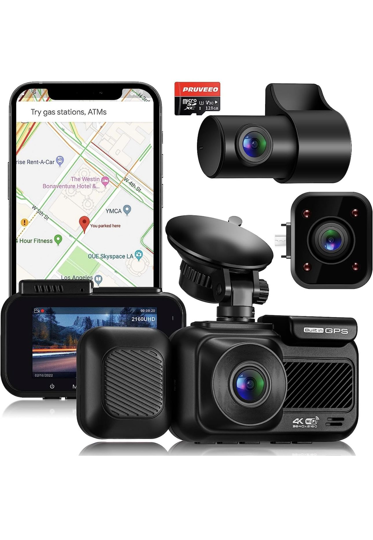 Pruveeo 3 Channel Dash Cam Front and Rear Inside, 1440P+1080P+1080P, 4K+1080P Dual, GPS 5G Wi-Fi Parking Monitoring, Free 128GB Card