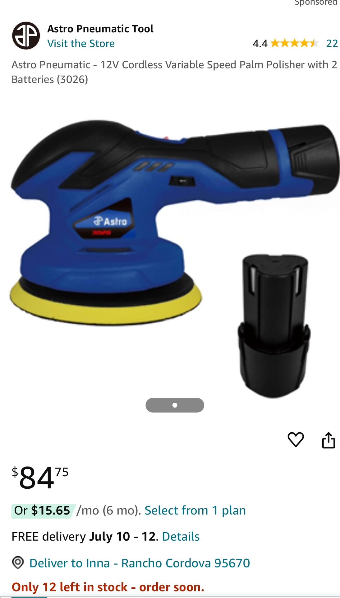 Astro Pneumatic 12V Cordless Random Orbital Polisher - Variable Speed With 2 Batteries & Pad