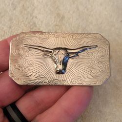Vintage 1980's Shiny Nickel Plated Texas Long Horn Steer Head Belt Buckle