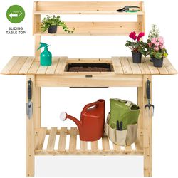 Wood Potting Bench Table with Sliding Tabletop, Food Grade Dry Sink, Natural