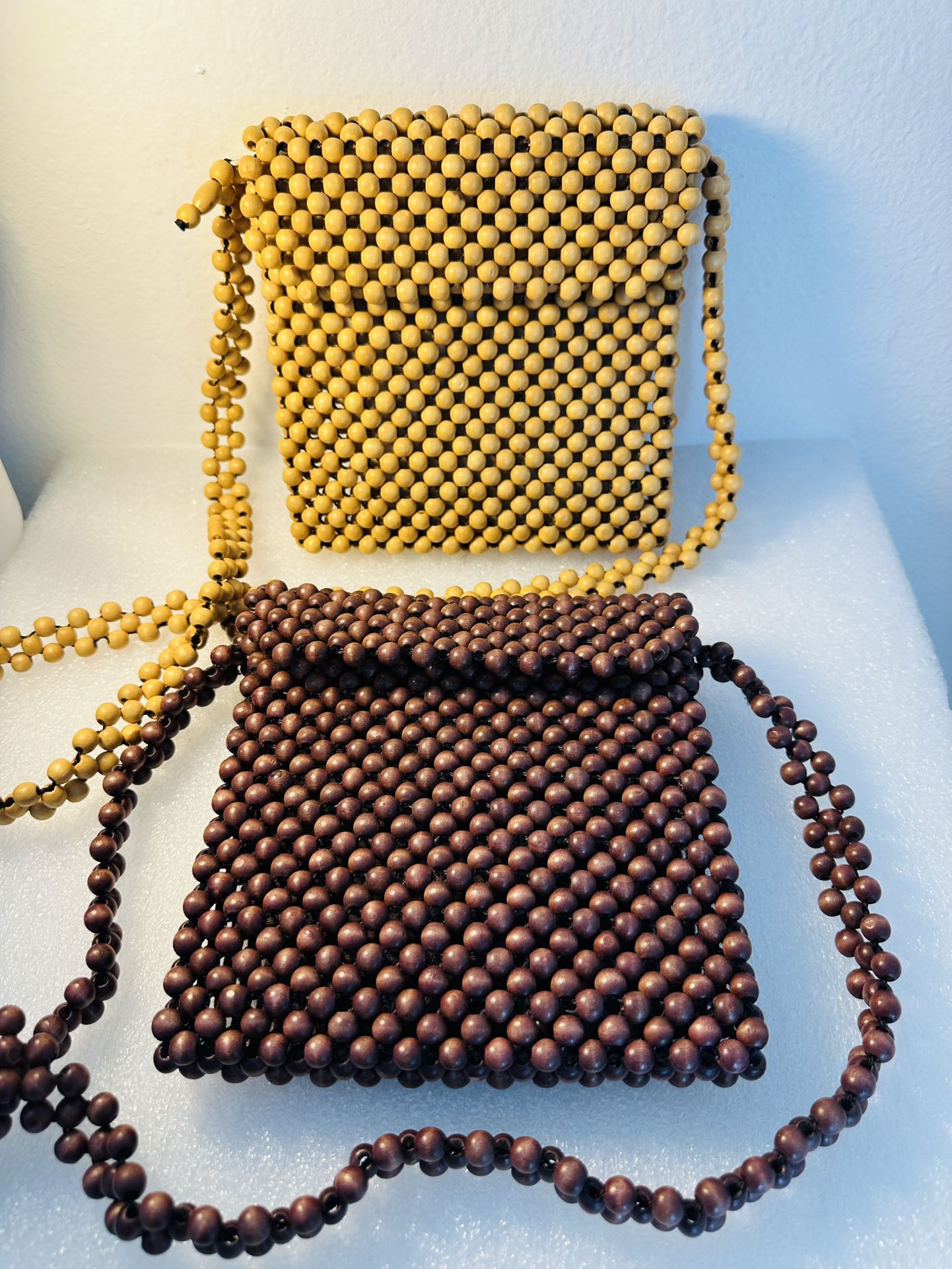 Handmade Wooden Beaded Shoulder Bag Boho Retro Purses, Natural Wood Beads Bags, Vintage Style