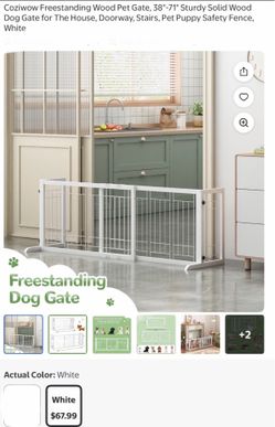 Coziwow Freestanding Wood Pet Gate, 38"-71" Sturdy Solid Wood Dog Gate for The House, Doorway, Stairs, Pet Puppy Safety Fence, White