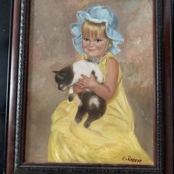 Vintage Original Painting 1972 – Framed Girl w/ Kitten