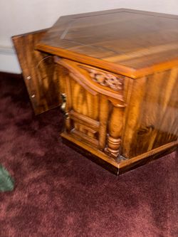 Vintage Solid Wood Hexagon End Table w/ Hidden Cabinet Storage