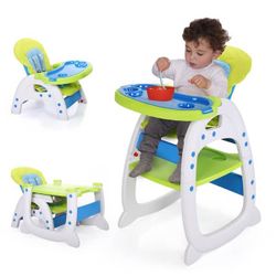 highchair 3-in-1 Convertible Toddler Highchair Table Booster Seat with Feeding Tray, Blue