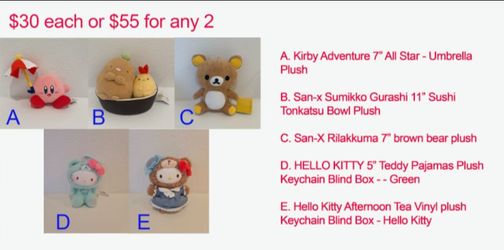Plushies: $30 each or $55 for any 2