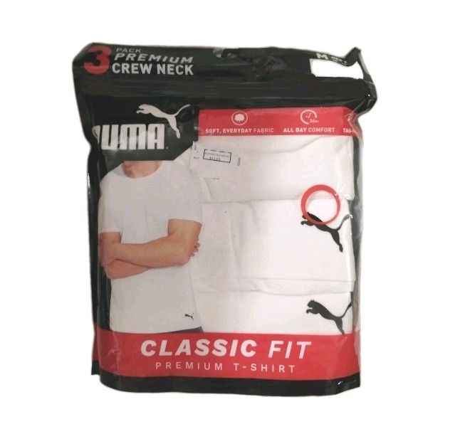 PUMA 3 pk Premium Medium Crew Neck White T-Shirt Tag-Free All Day Comfort New