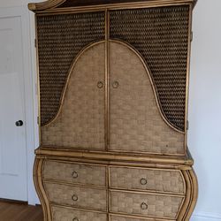 Vintage Coastal Rattan Armoire / Dresser Cabinet