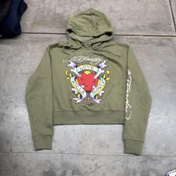 vintage ed hardy olive green cropped love kills slowly hoodie size small WOMENS