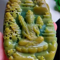 Majestic Burmese Icy Tri Color Jadeite Pendant KWANYIN LANDSCAPE. 
